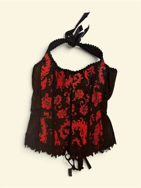 Black Halter Corset Tank Top with Red Floral Embroidery